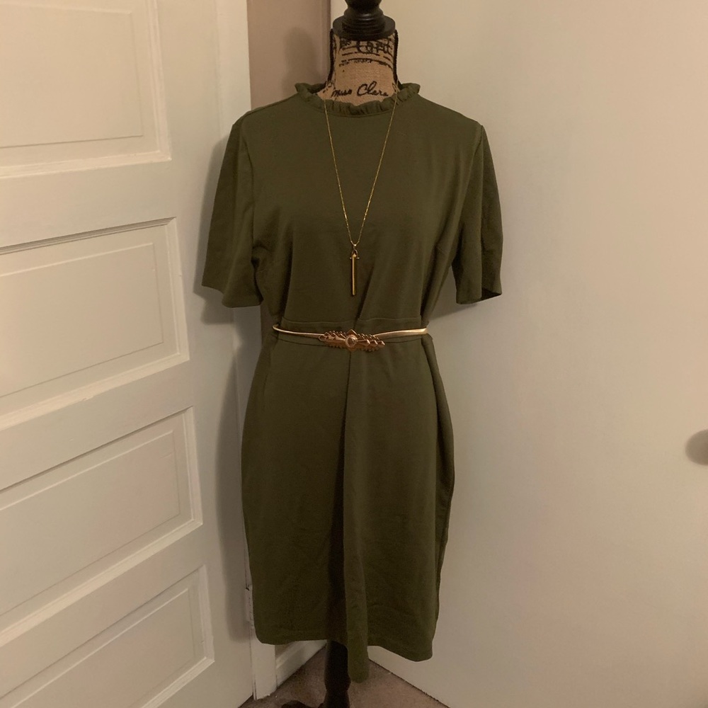 Ann Taylor Ruffle Neck Ponte Sheath in Soft Olive